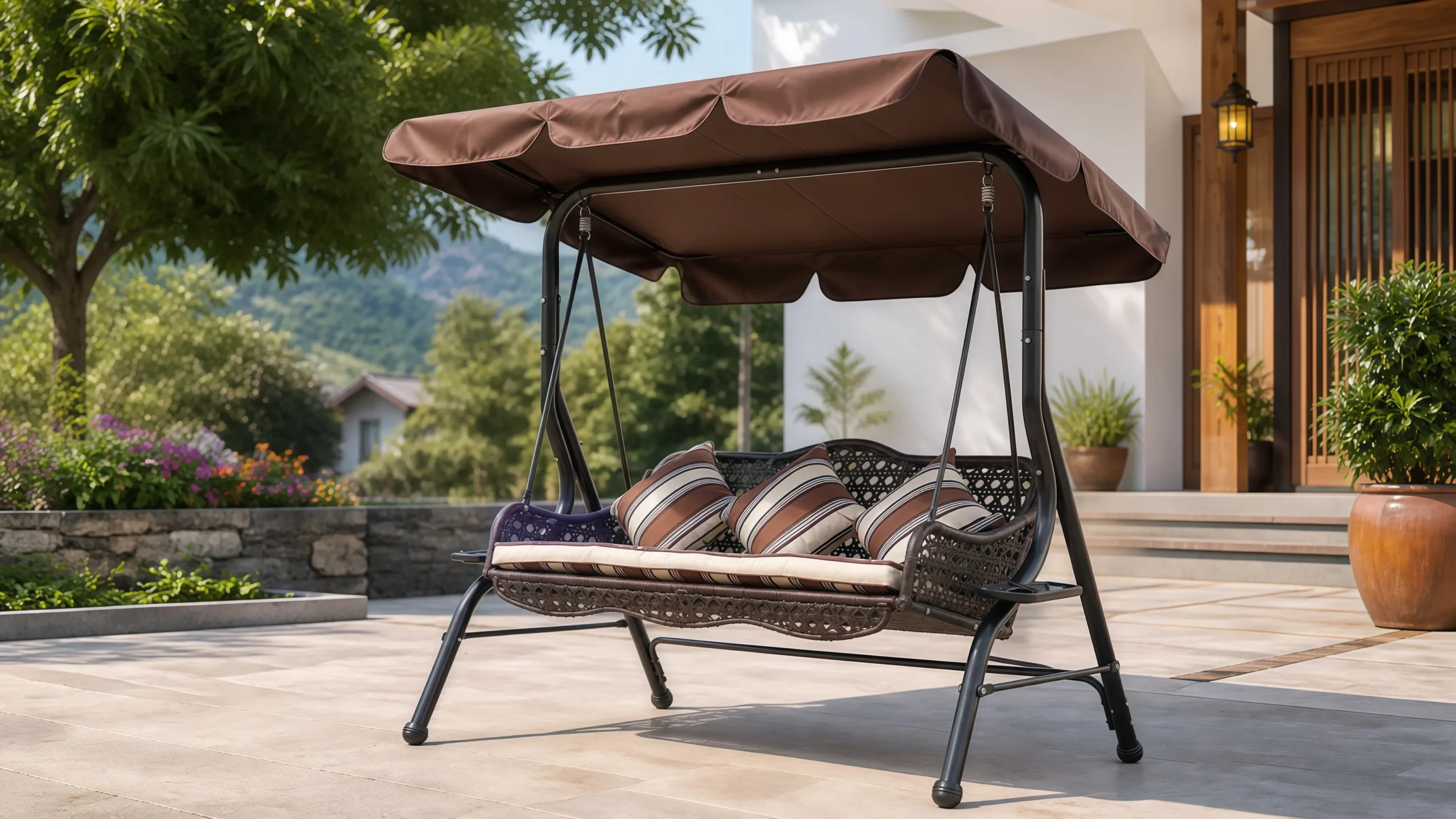 Wicker Outdoor Canopy Swing Sofa for Patio and Garden Spaces