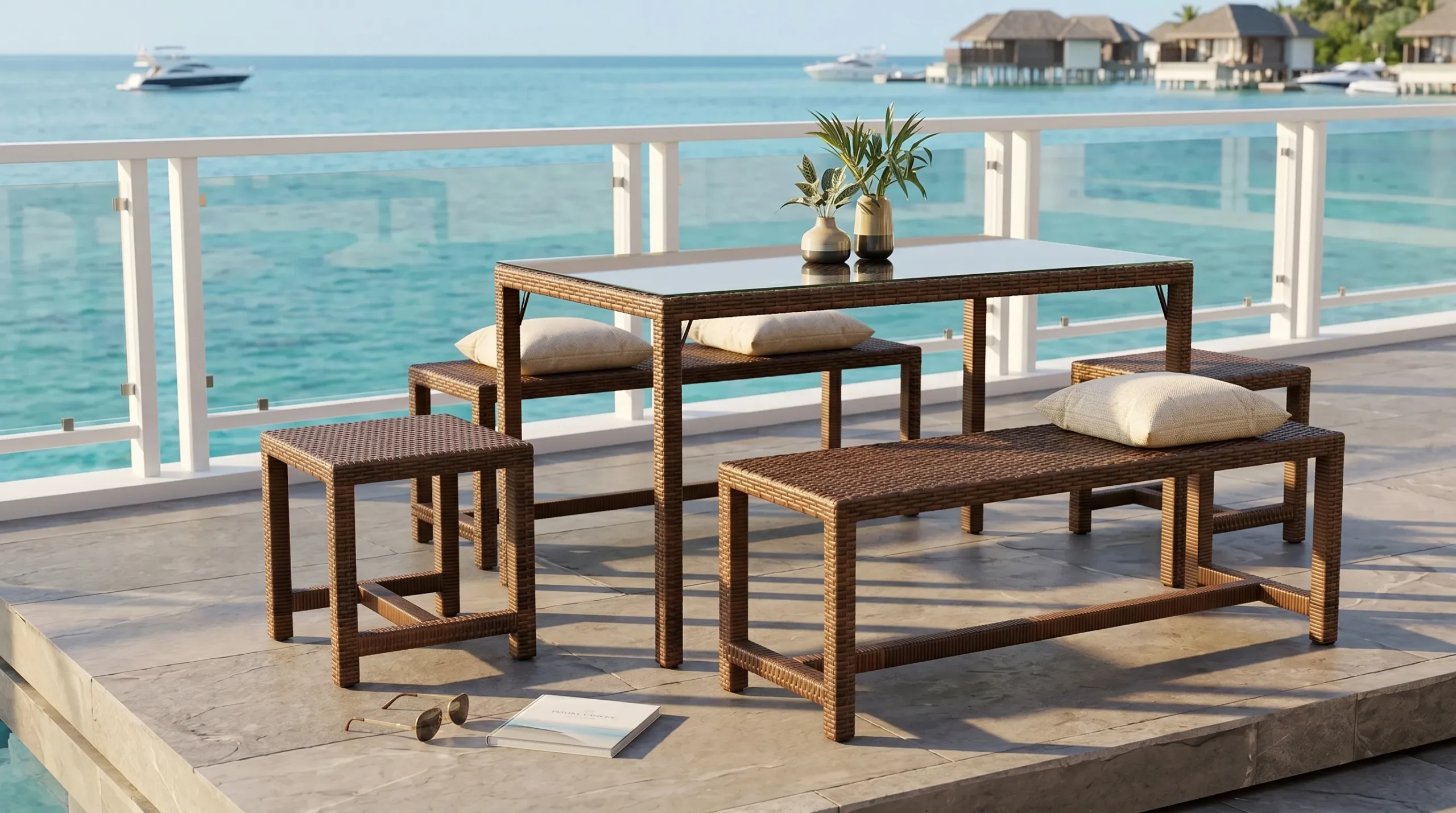 Weather-Resistant PE Rattan Outdoor Dining Set with Glass Table, Bench & Stools
