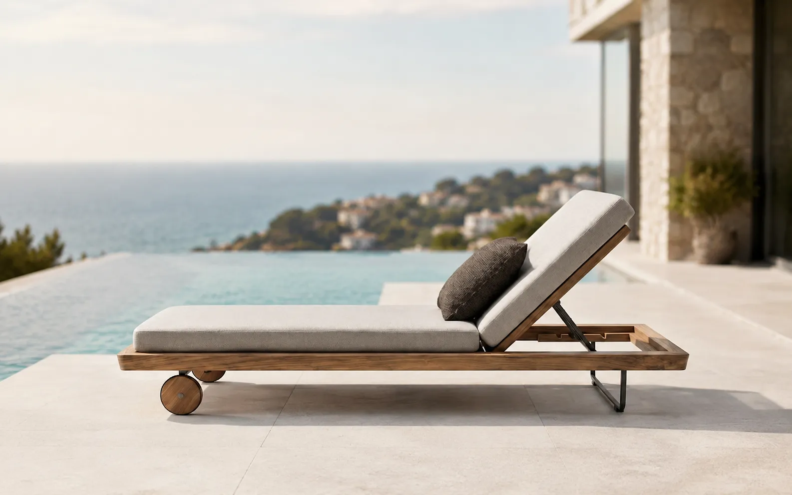 XIMU Furniture Grade-A teak outdoor sun lounger with grey cushion