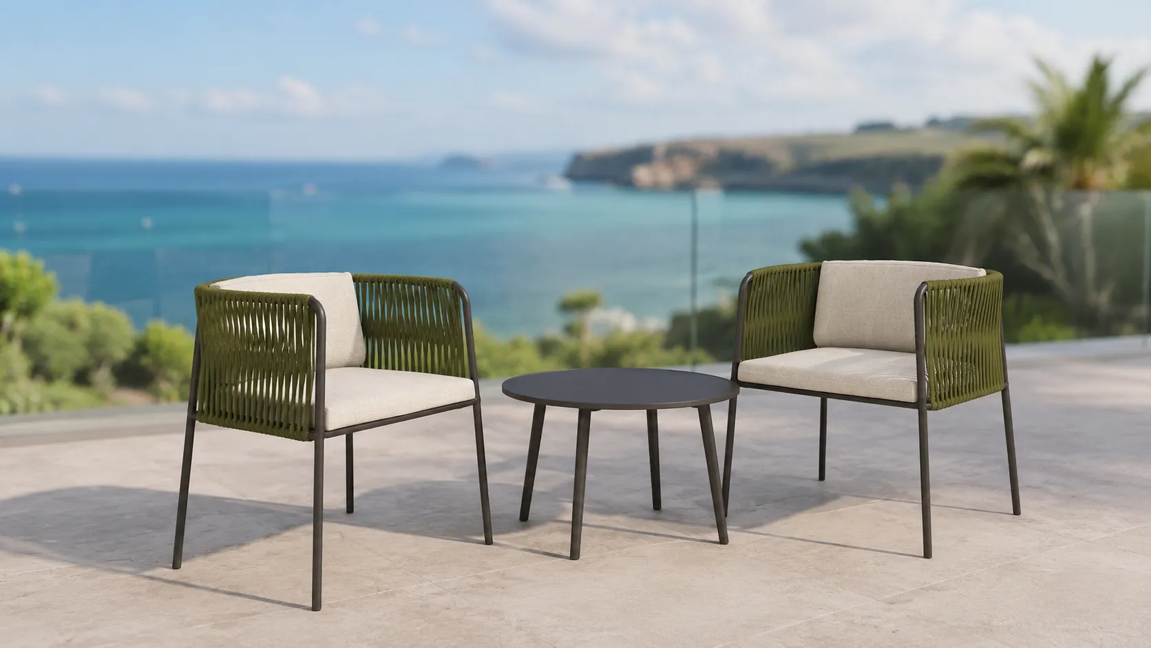 Outdoor Rope Bistro Set with Green Armchairs, Beige Cushions & Round Coffee Table for Patio Balcony