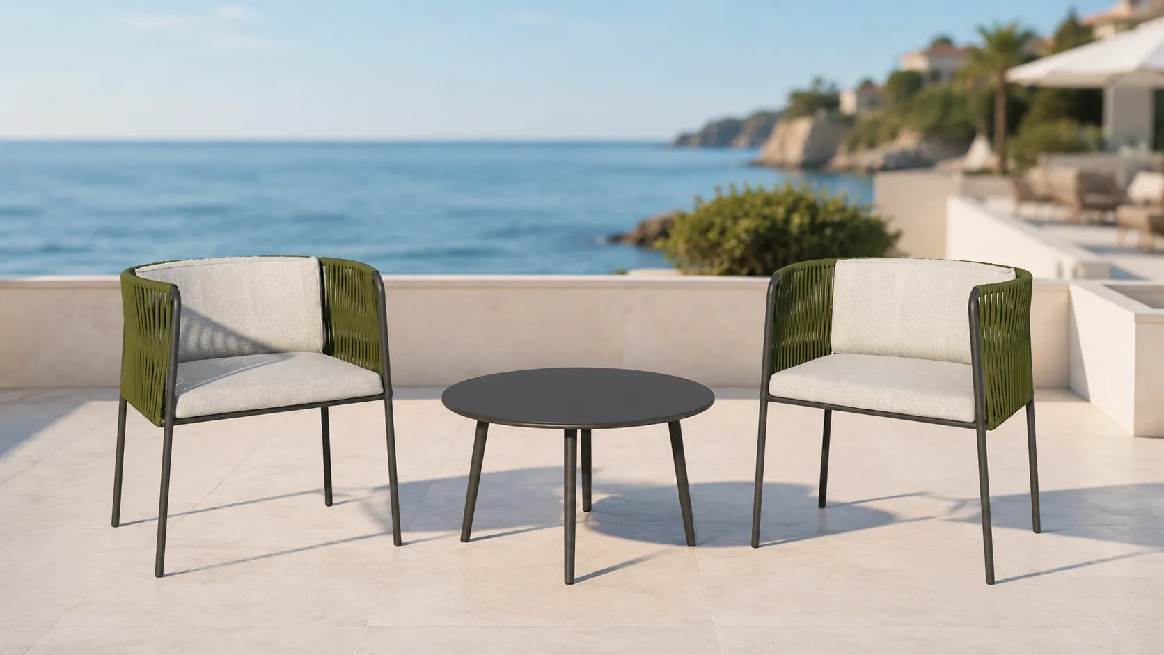 Outdoor Rope Bistro Set with Green Armchairs, Beige Cushions & Round Coffee Table for Patio Balcony