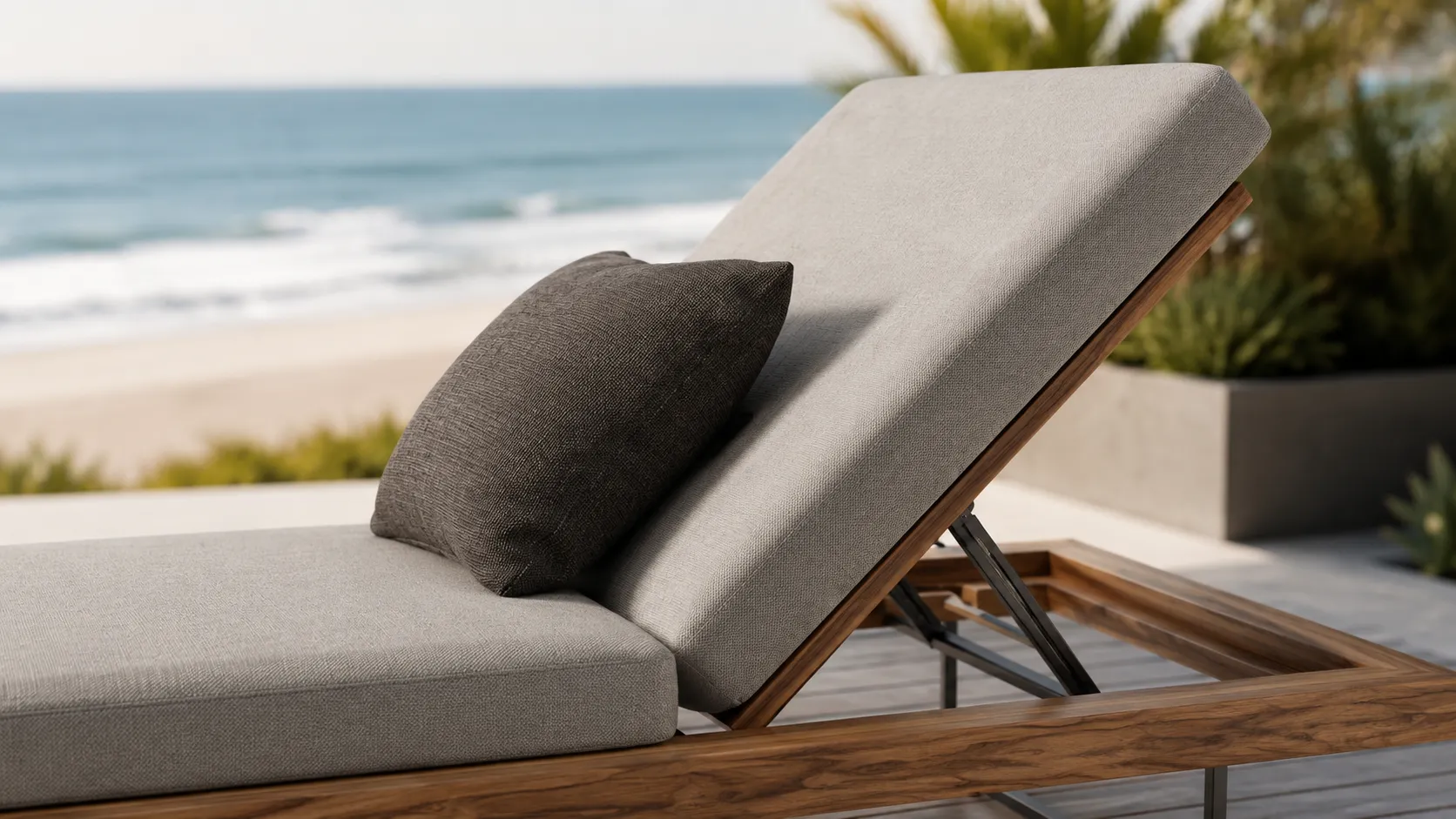 Grey cushion detail of Grade-A teak outdoor sun lounger