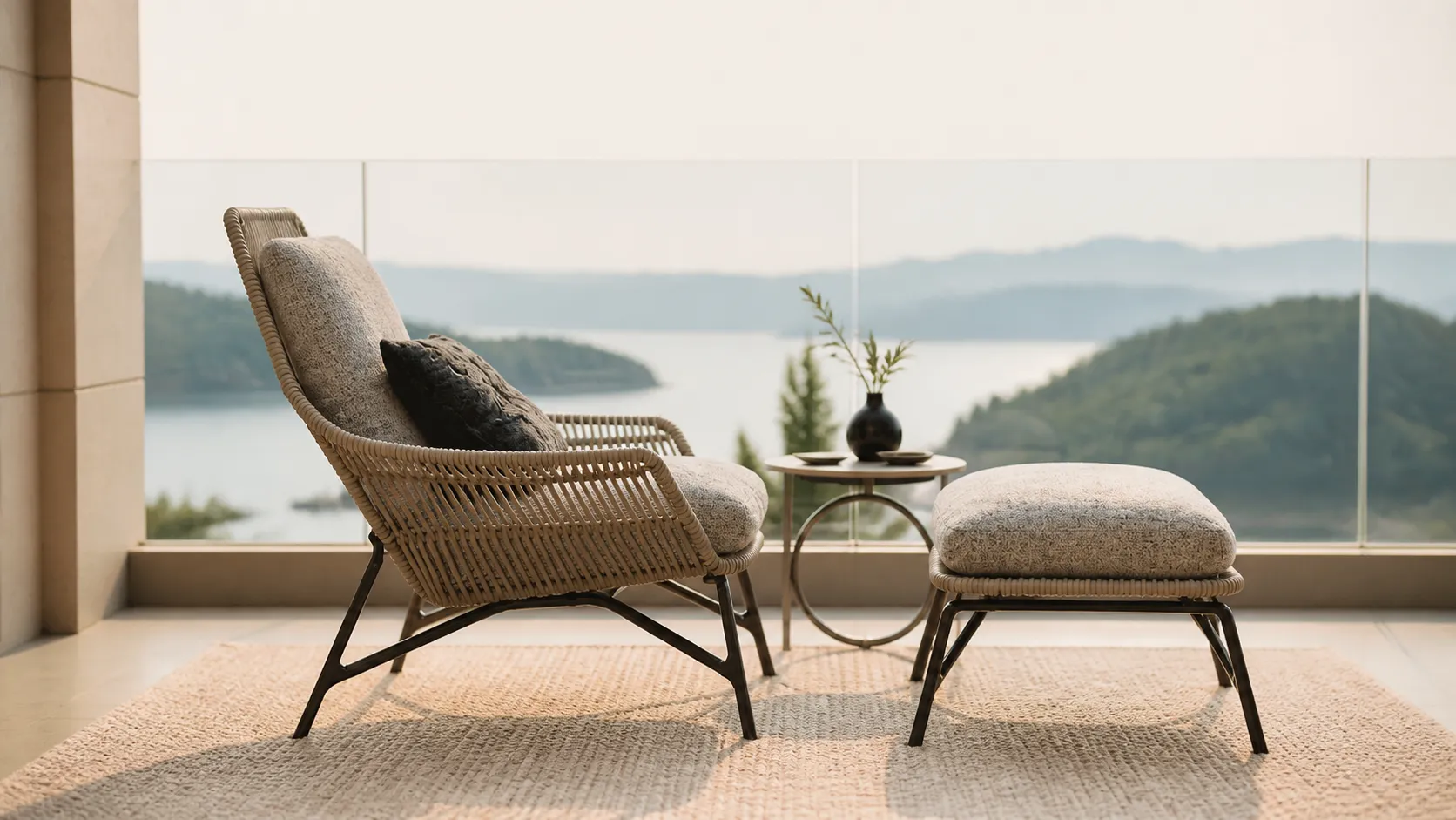 Woven Rope Outdoor Lounge Chair with Ottoman for Resort Patio & Poolside Seating