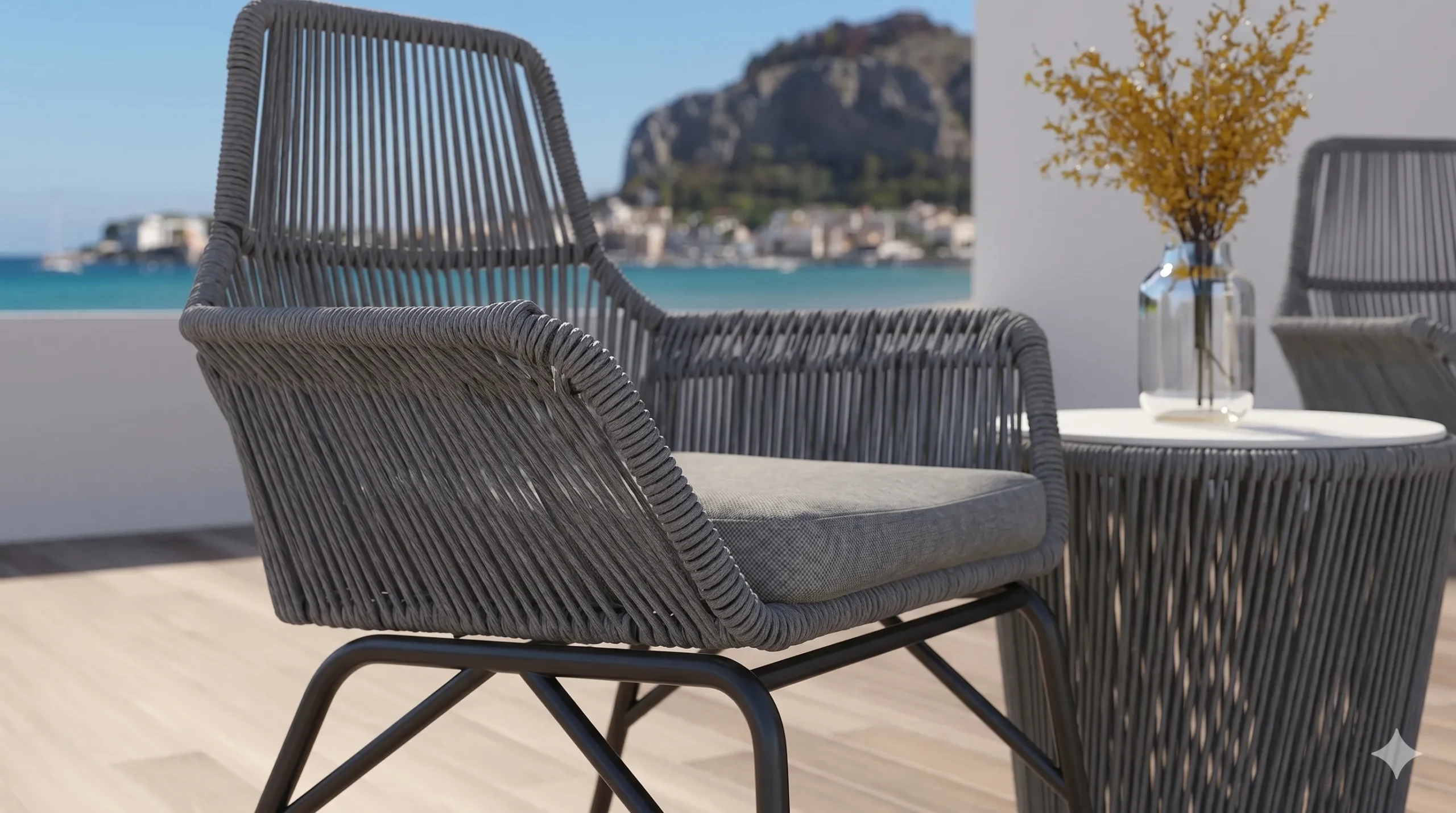 Outdoor Rope Bistro Set with 2 Grey Armchairs & Round Side Table for Balcony Patio Café