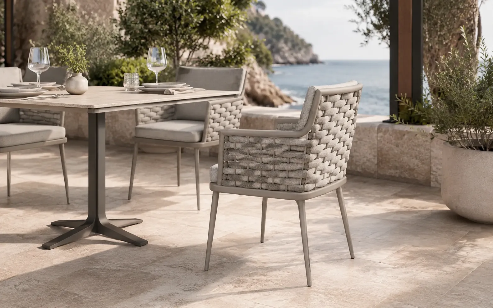 XIMU Furniture grey rope dining chair with woven backrest for restaurant and hotel projects