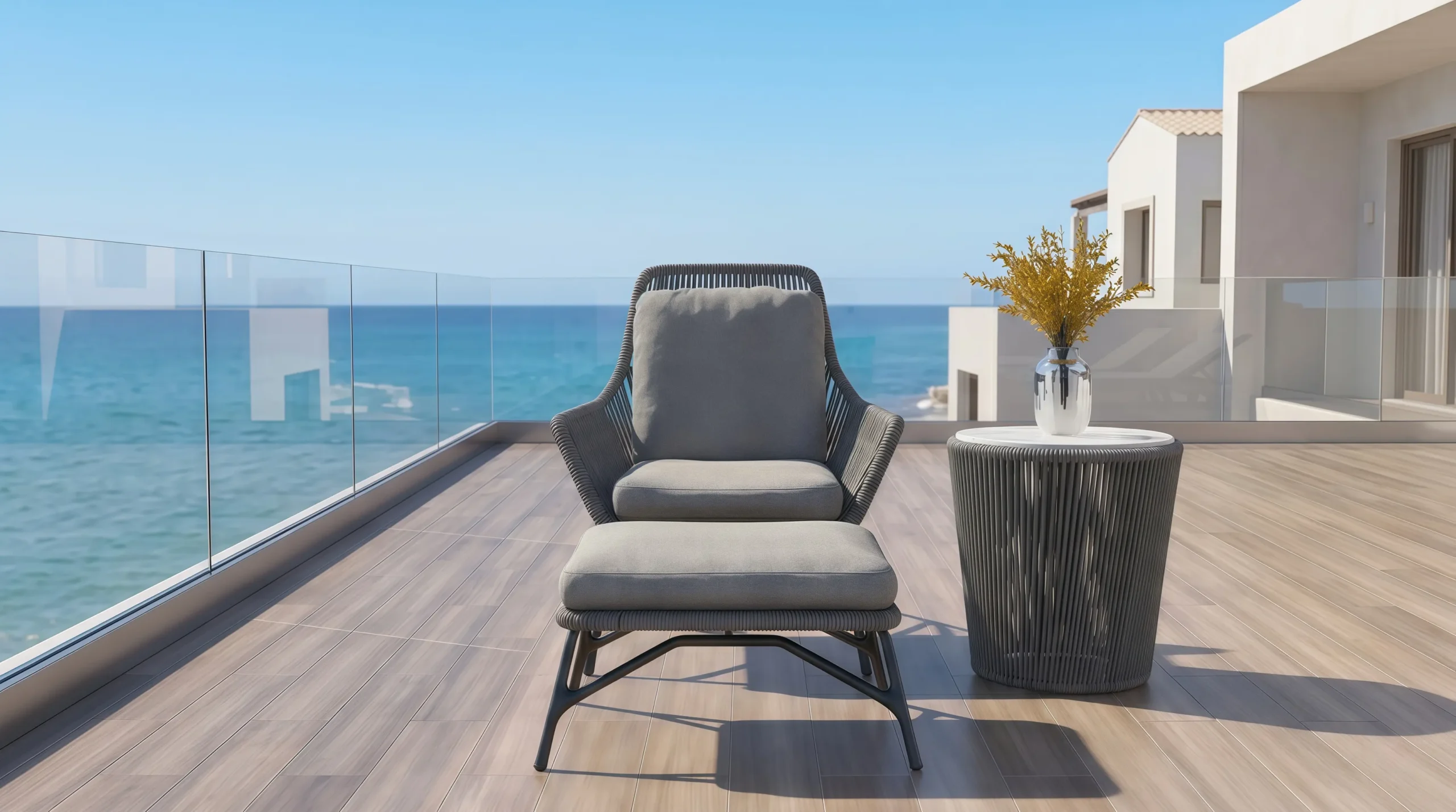 Outdoor Rope Lounge Chair and Ottoman Set with Side Table for Poolside Patio Hotel Terrace