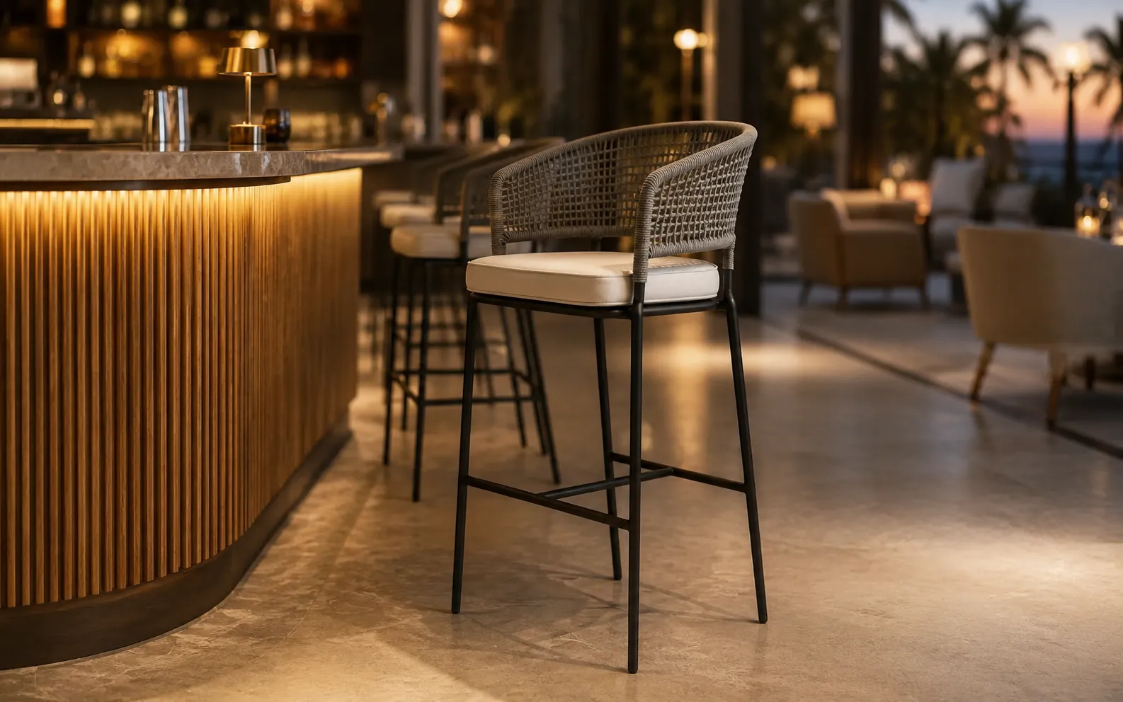 XIMU Furniture grey rope outdoor bar stool with white cushion for hotel bar projects