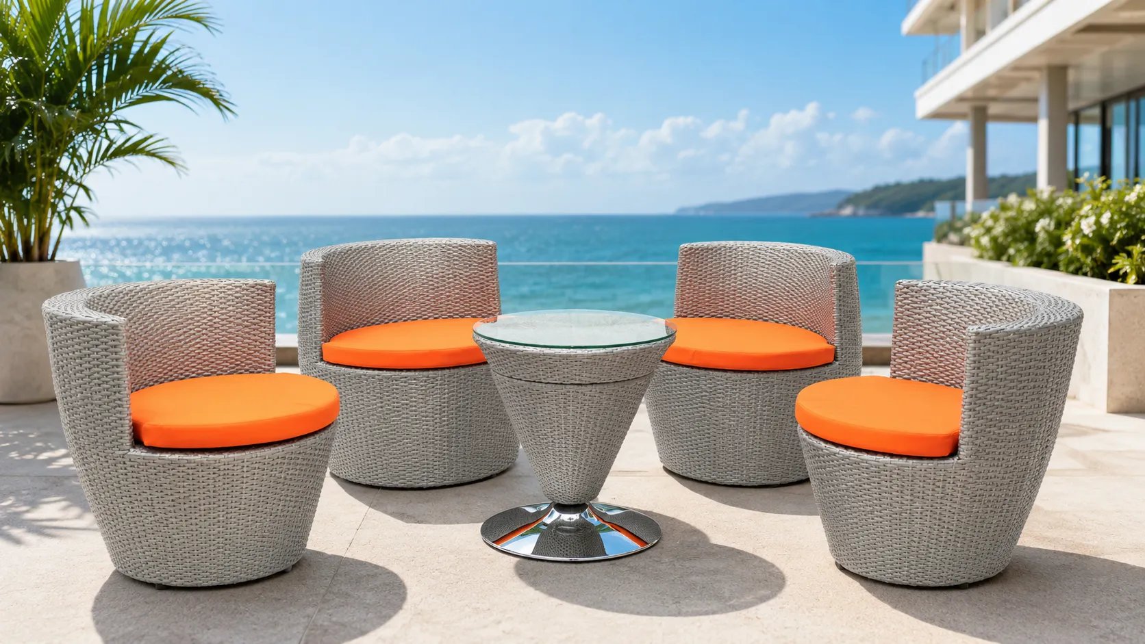 PE Rattan Outdoor Conversation Set with 4 Curved Chairs, Orange Cushions & Round Glass Table