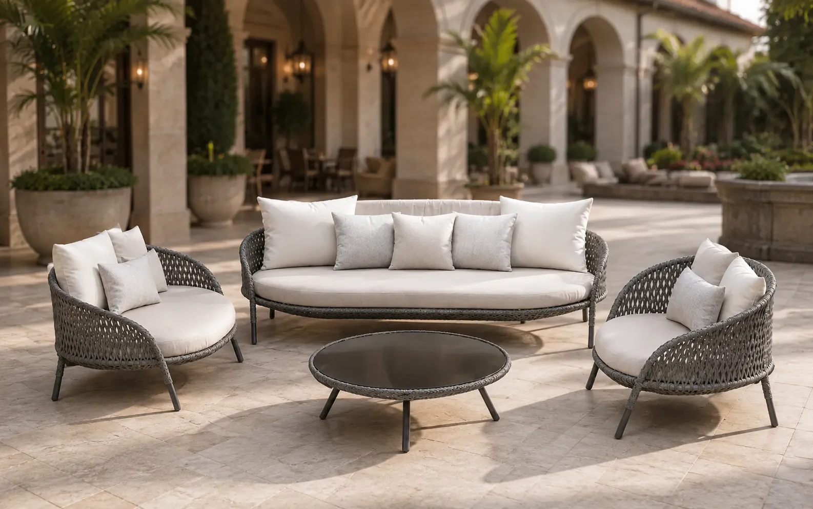 XIMU Furniture grey wicker outdoor conversation set with sofa chairs and coffee table for hotel projects