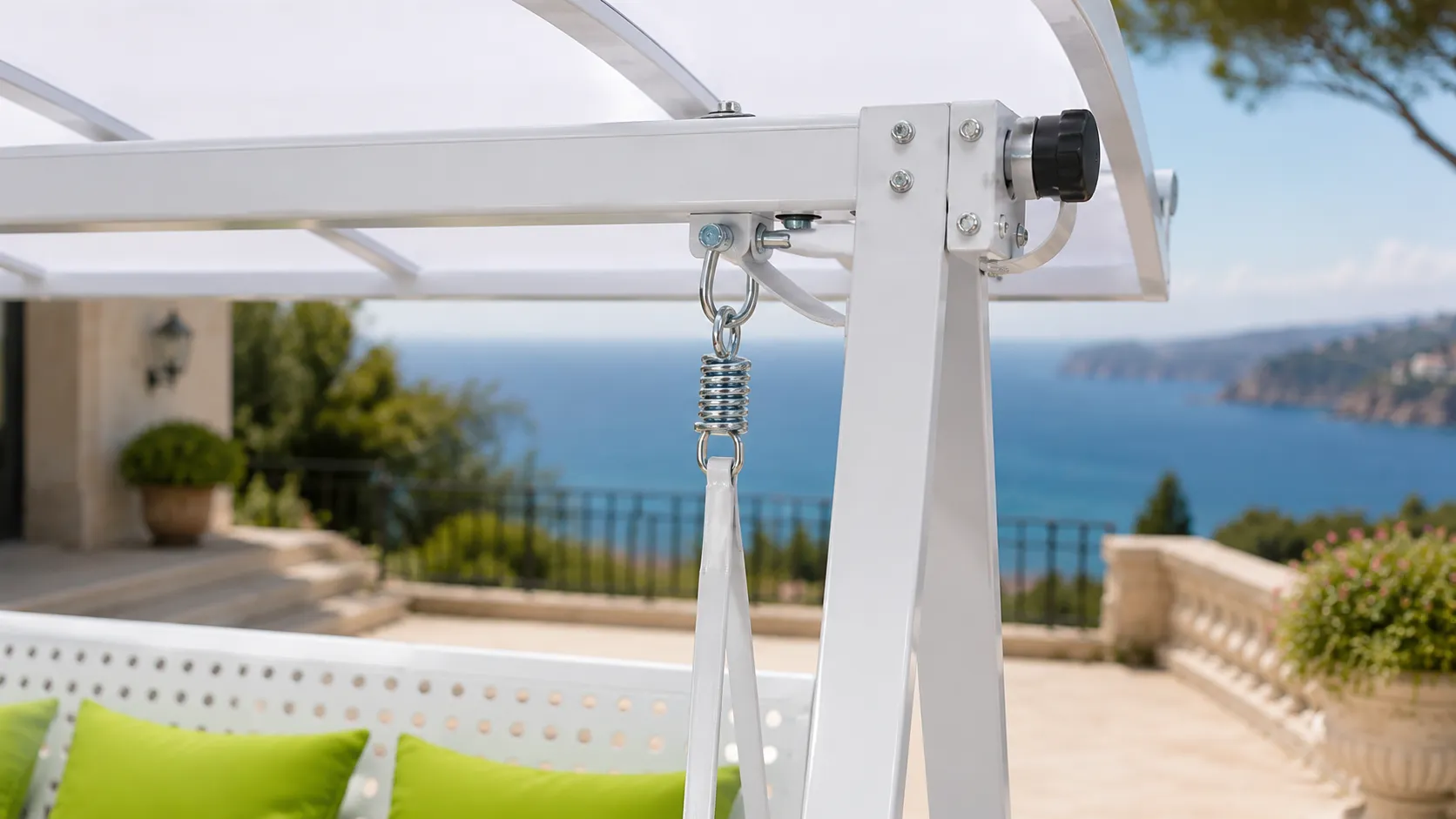 Hanging hardware detail of outdoor canopy swing sofa