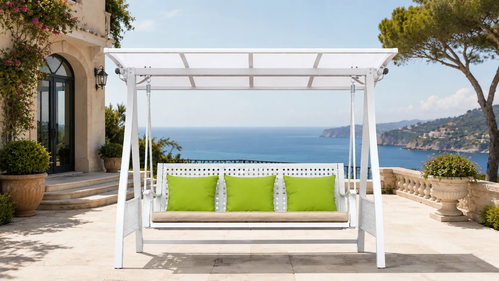 White Outdoor Canopy Swing Sofa for Patio and Garden Spaces