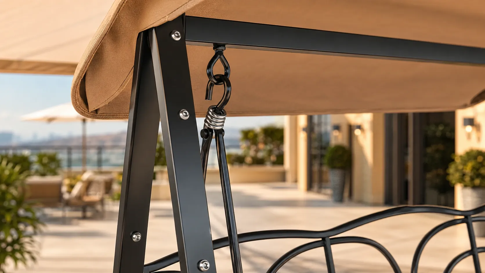 Hanging hardware detail of outdoor patio swing chair