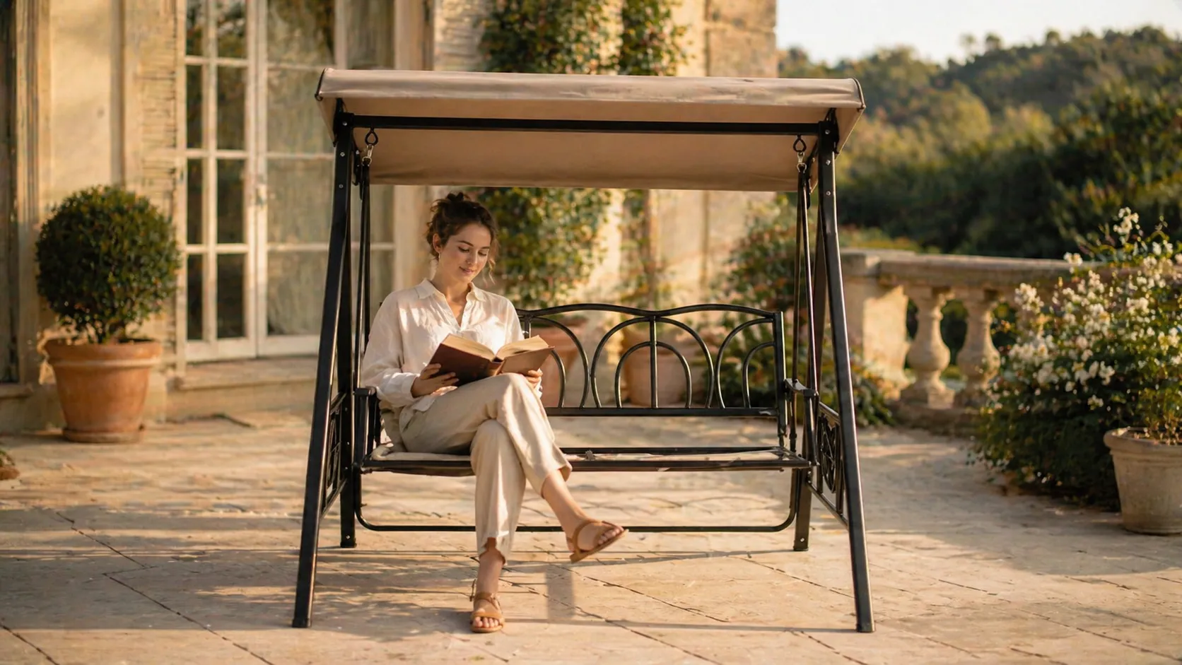 Three-Seater Outdoor Patio Swing Chair with Canopy