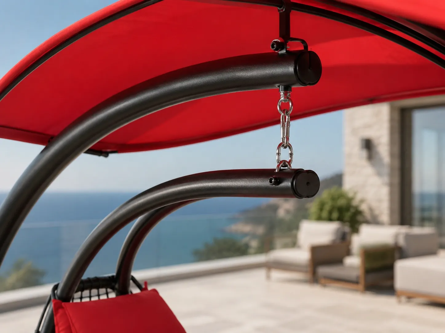 Hanging hardware detail of stainless steel outdoor hanging lounge chair
