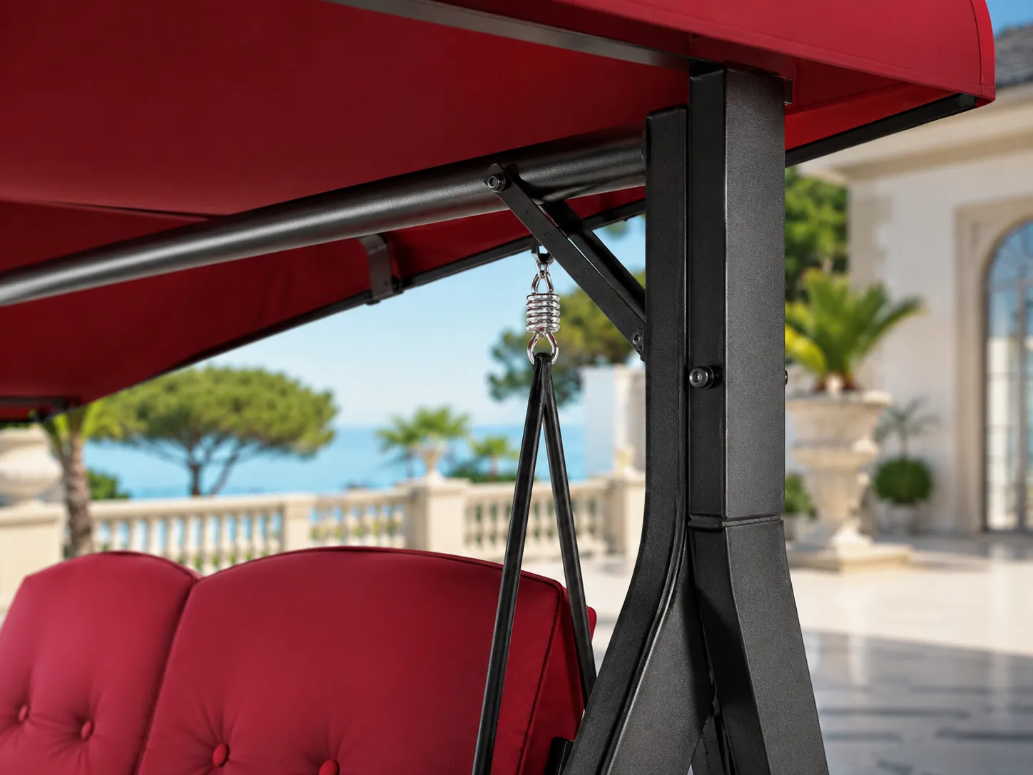 Hanging hardware and steel frame detail of outdoor canopy swing sofa