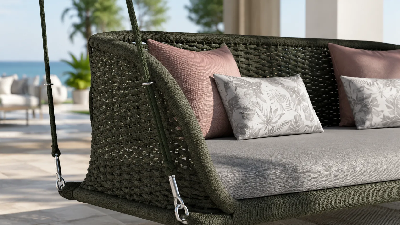 Hanging rope structure detail of outdoor swing sofa