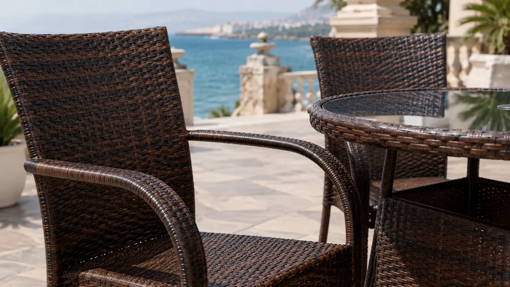 Brown PE Rattan Dining Set with 4 Armchairs & Round Glass Table for Patio Garden Café