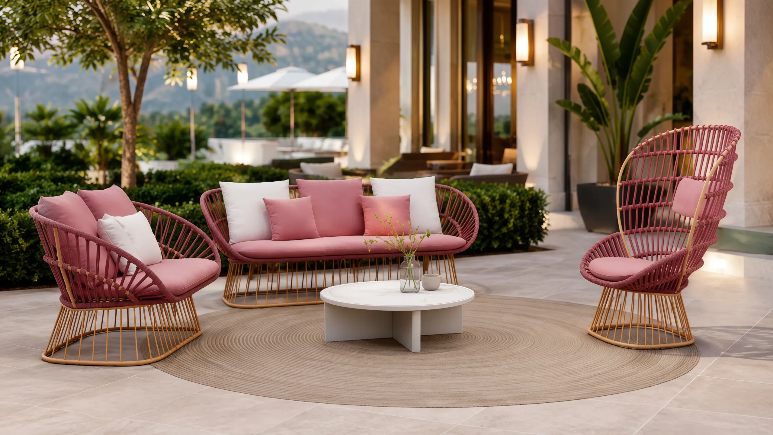 Pink Outdoor Rope Conversation Set with Sofa, Lounge Chairs and Coffee Table