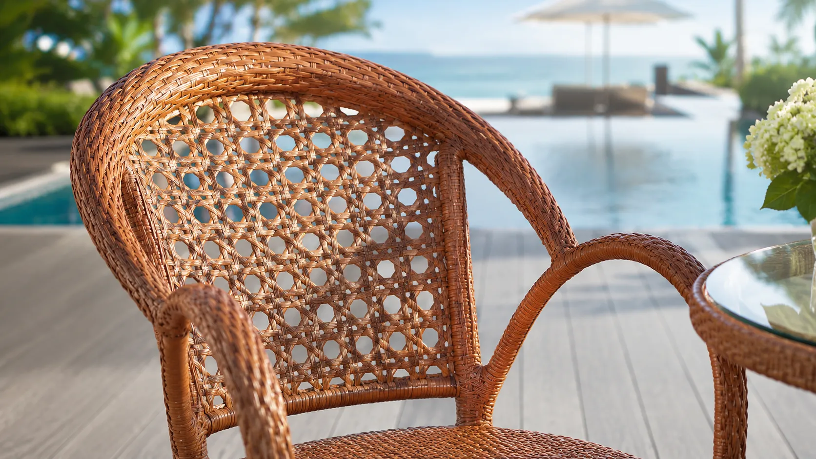 Honey Brown PE Rattan Outdoor Dining Set with 4 Armchairs & Round Glass Table for Patio Café Terrace