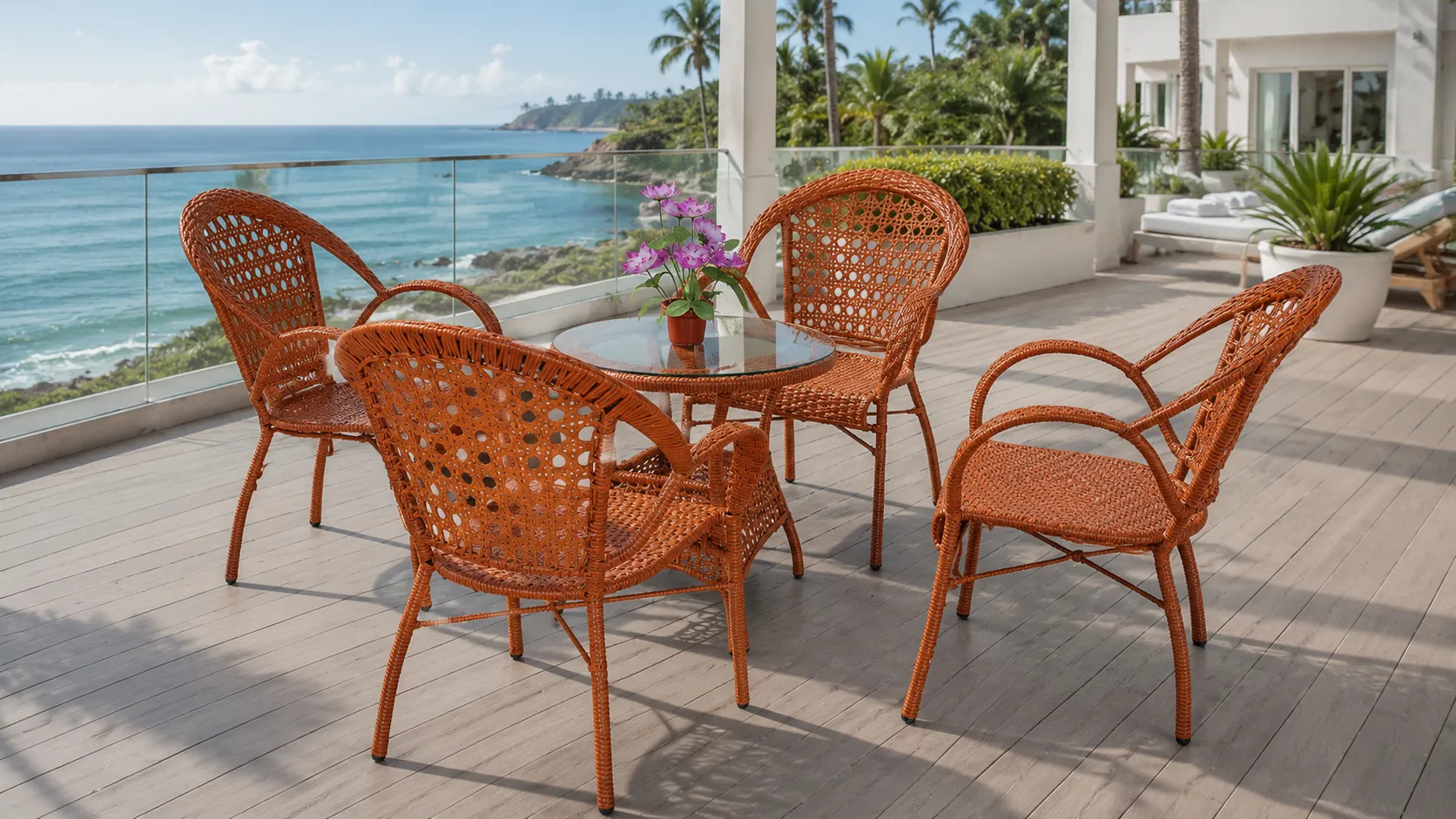 Honey Brown PE Rattan Outdoor Dining Set with 4 Armchairs & Round Glass Table for Patio Café Terrace
