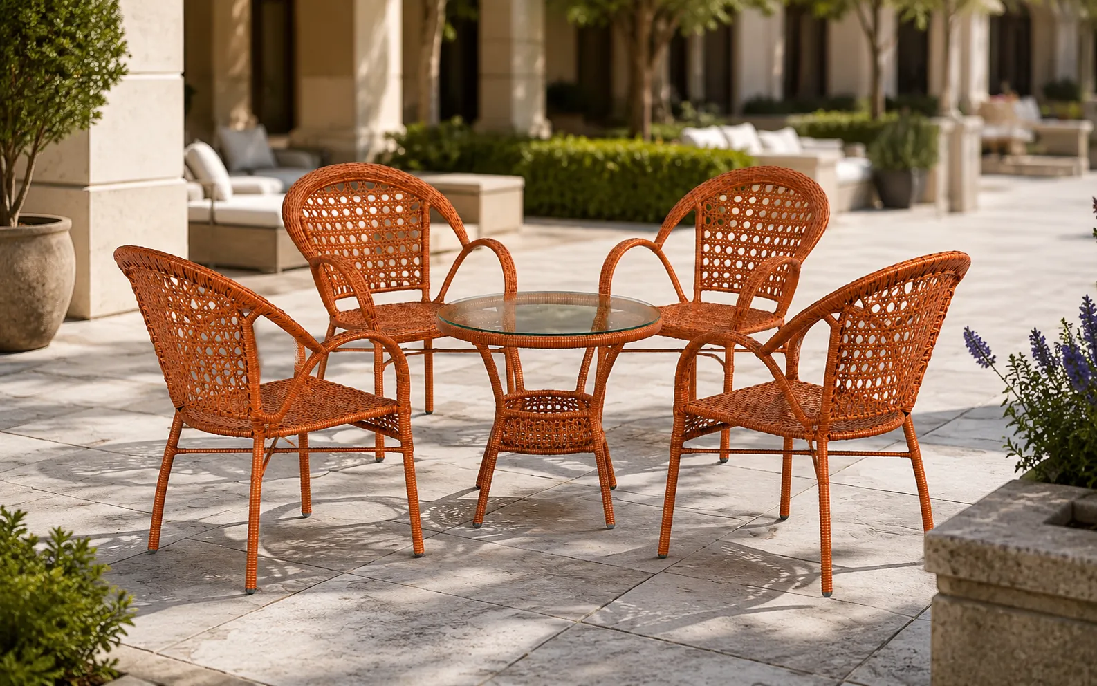 XIMU Furniture honey brown PE rattan outdoor dining set with 4 chairs and round glass table