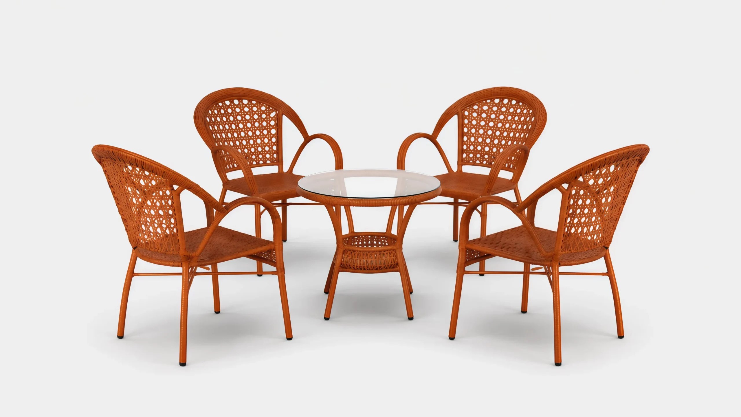 Honey Brown PE Rattan Outdoor Dining Set with 4 Armchairs & Round Glass Table for Patio Café Terrace
