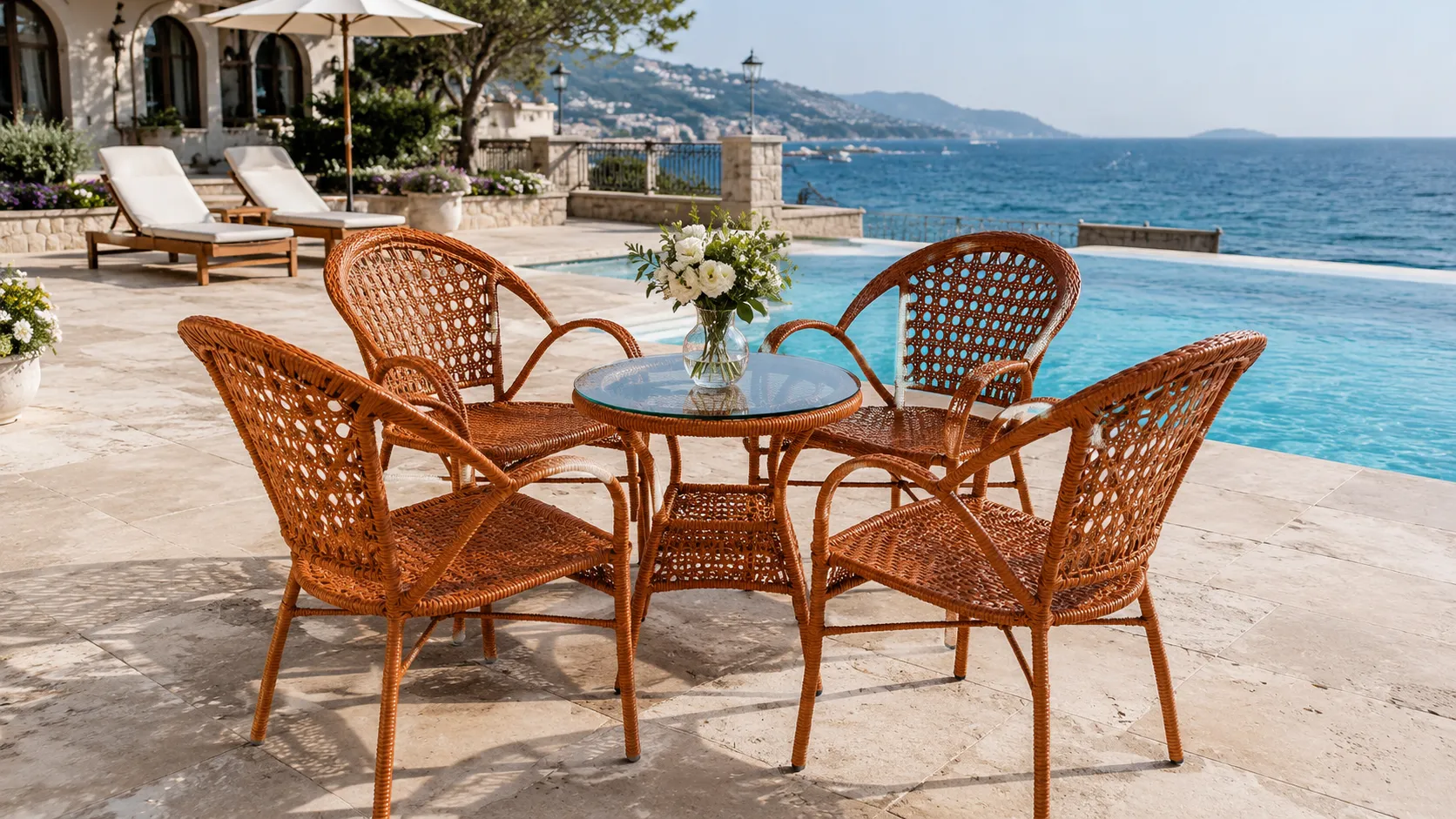 Honey Brown PE Rattan Outdoor Dining Set with 4 Armchairs & Round Glass Table for Patio Café Terrace