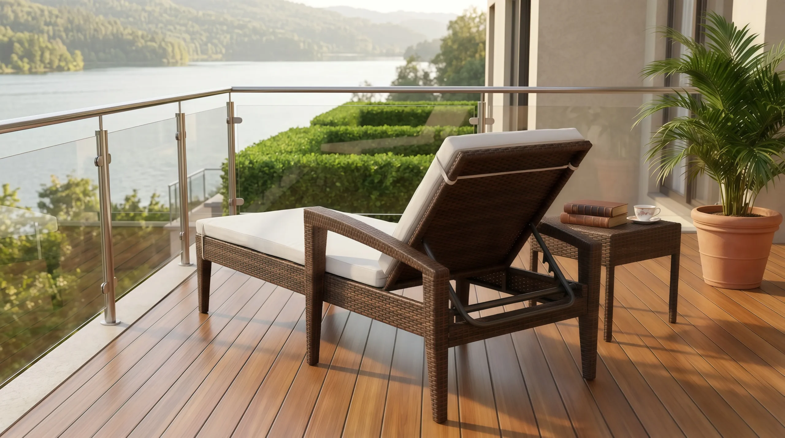 Wicker Outdoor Sun Lounger with Armrests and Beige Cushion