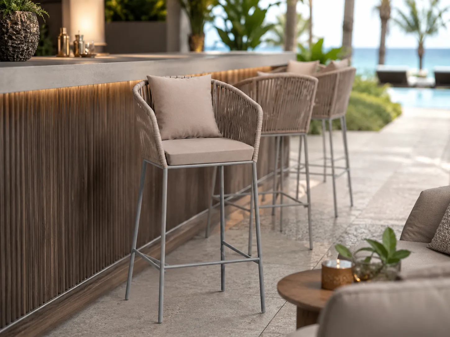 Rope outdoor bar stool used in a hotel bar seating area