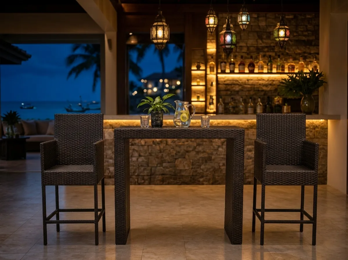Wicker bar table and stools set used in a hotel bar seating area