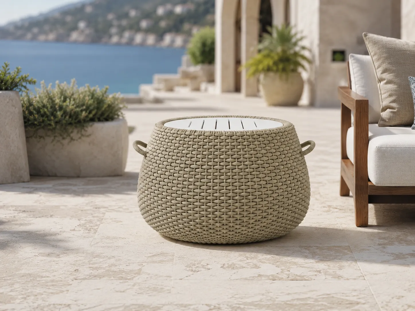 Beige rope outdoor coffee table used in a hotel courtyard lounge area