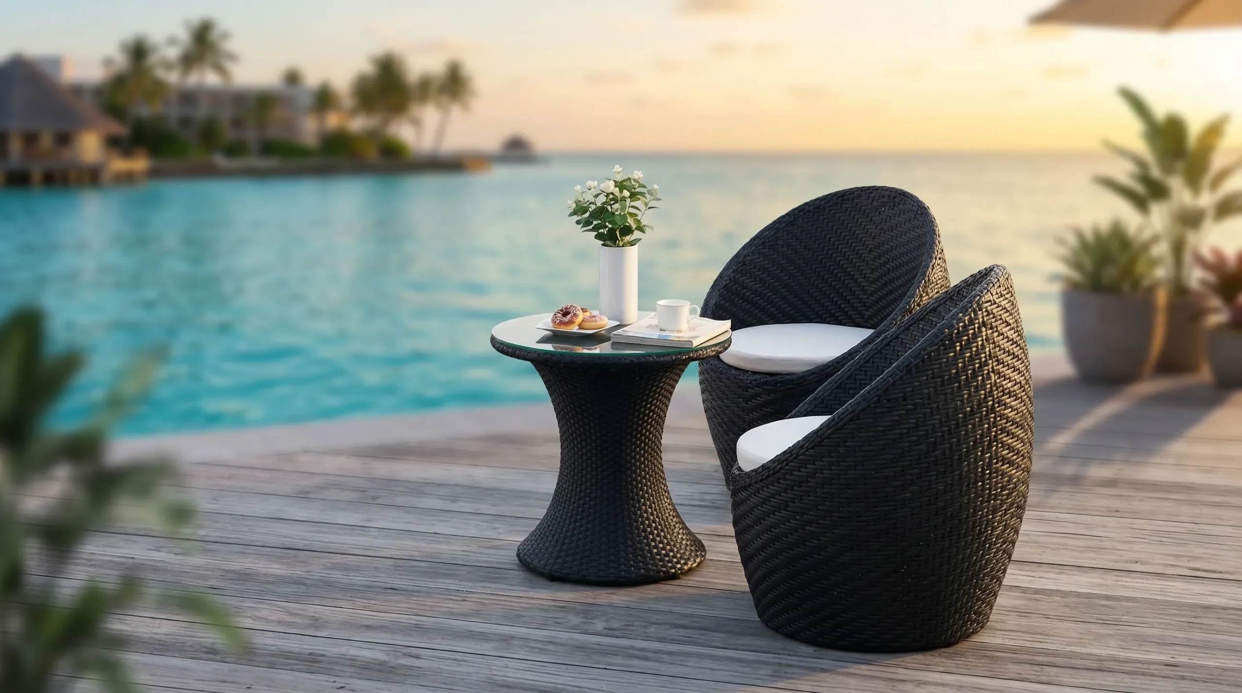 Black PE Rattan Bistro Set with 2 Barrel Chairs & Round Glass Table for Patio Balcony Café