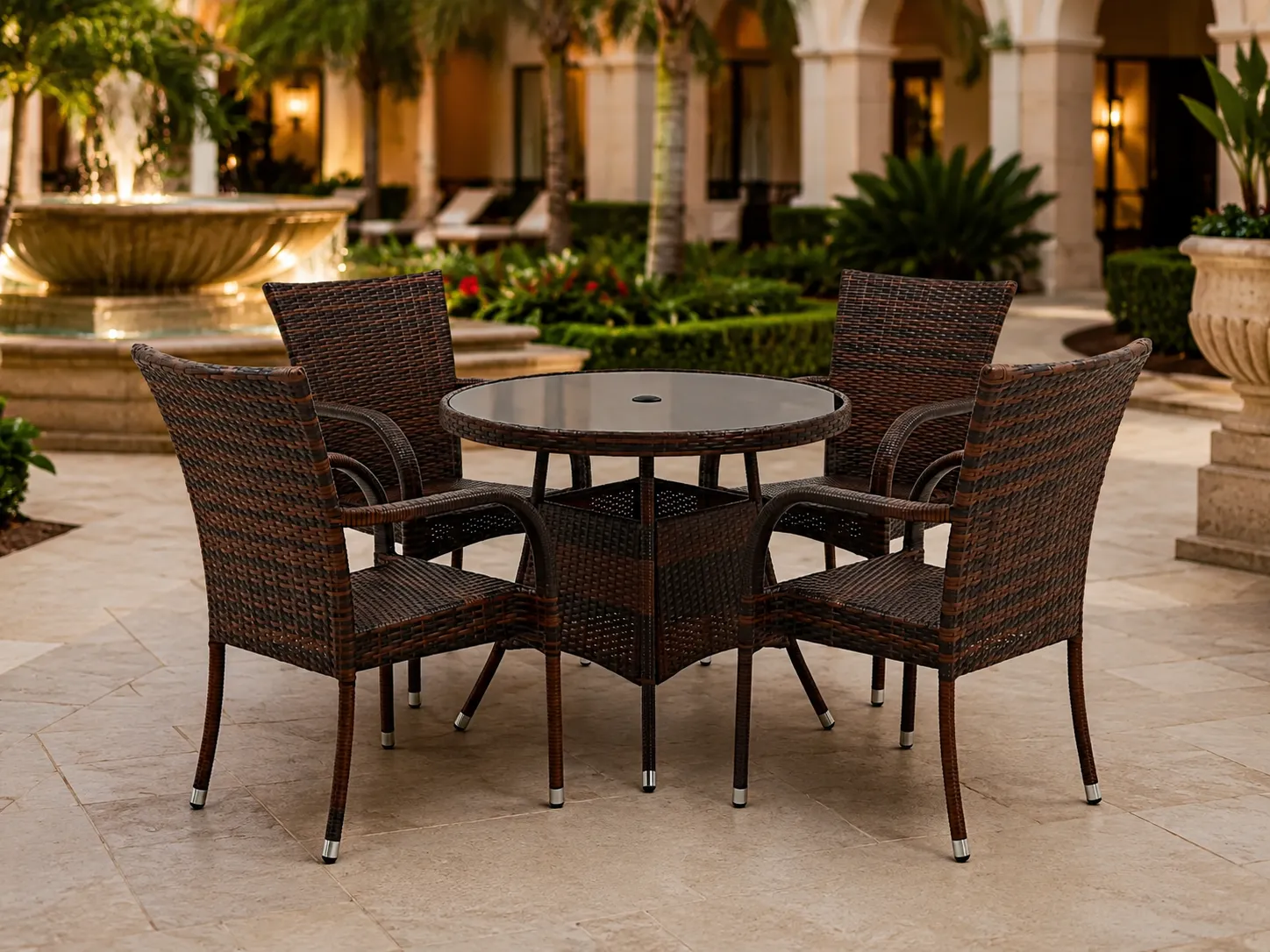 Brown PE rattan dining set for hotel courtyard