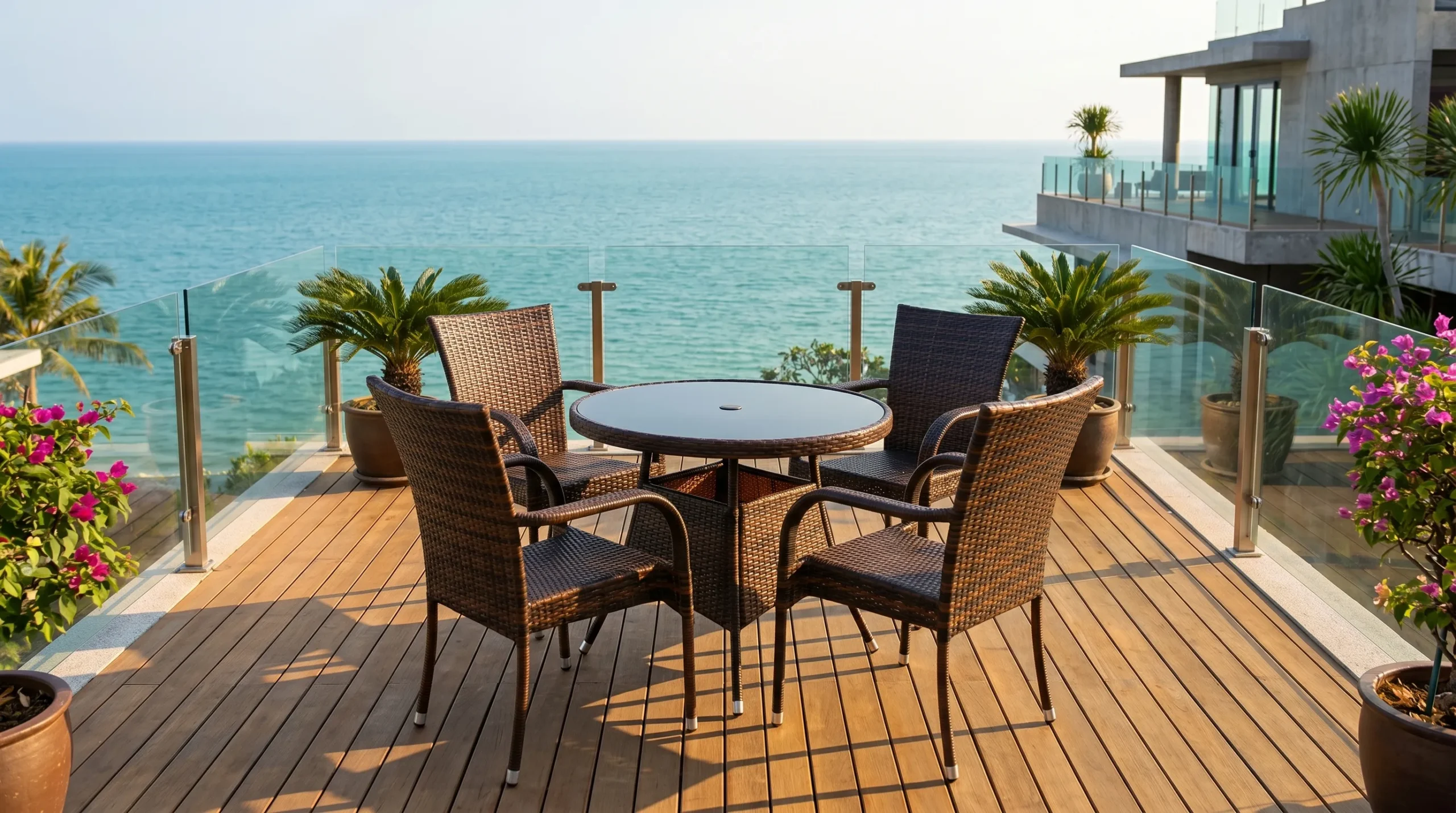 Brown PE Rattan Dining Set with 4 Armchairs & Round Glass Table for Patio Garden Café