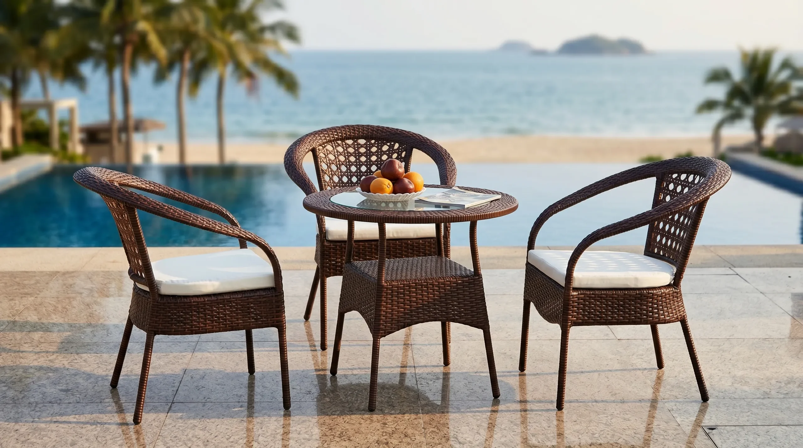 Brown PE Rattan Bistro Set with 3 Open-Weave Armchairs & Round Glass Table for Patio Café Balcony