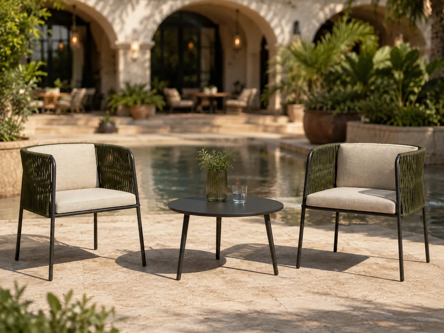 Green outdoor rope bistro set for hotel courtyard