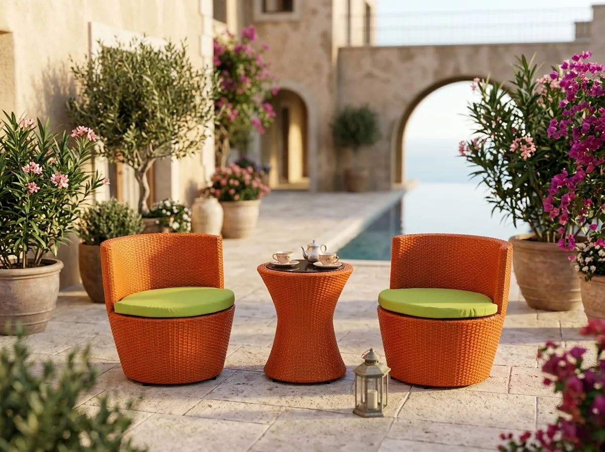 Orange wicker bistro set for hotel courtyard and hospitality outdoor spaces