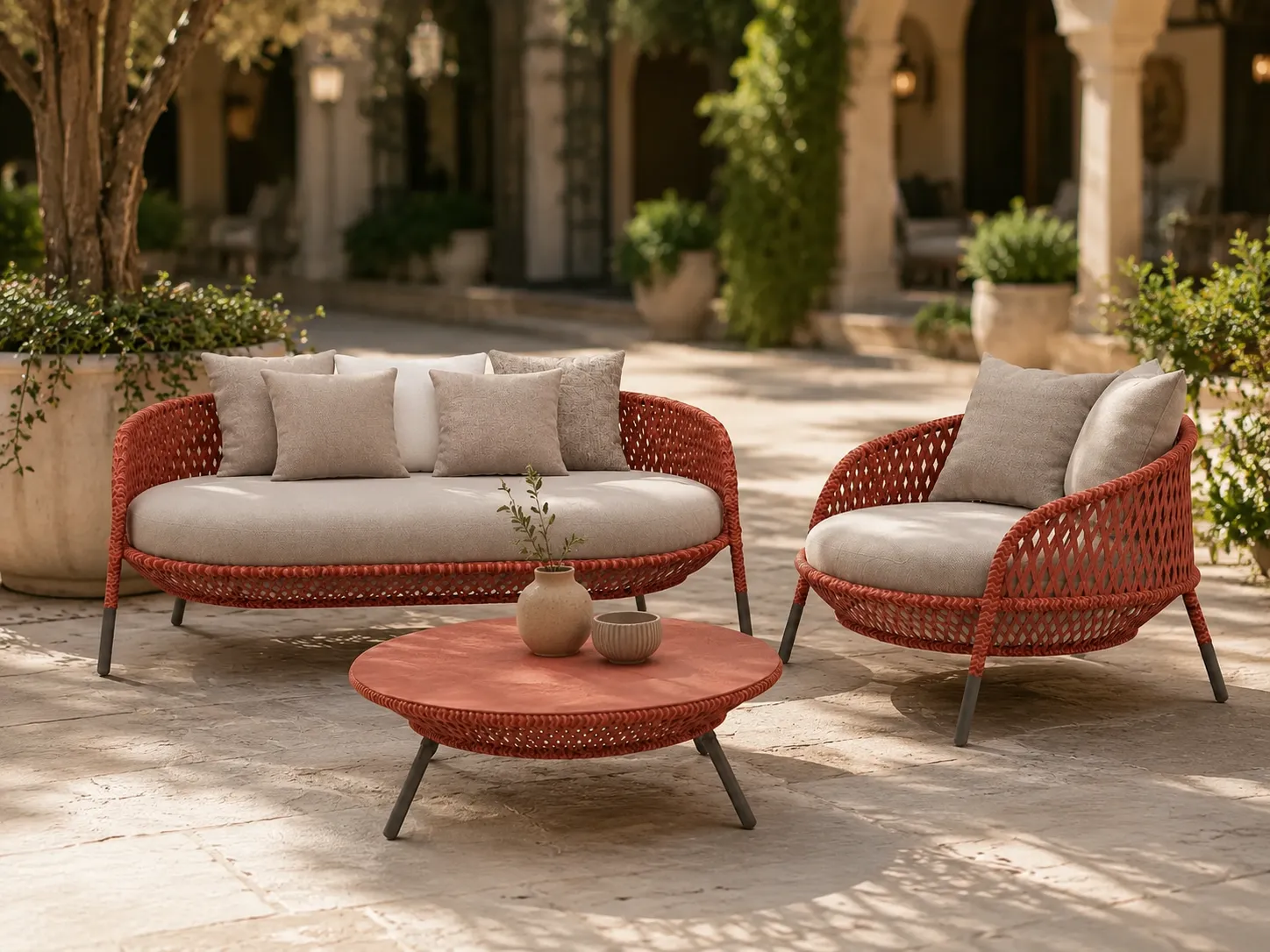 Orange wicker outdoor conversation set used in a hotel courtyard lounge area