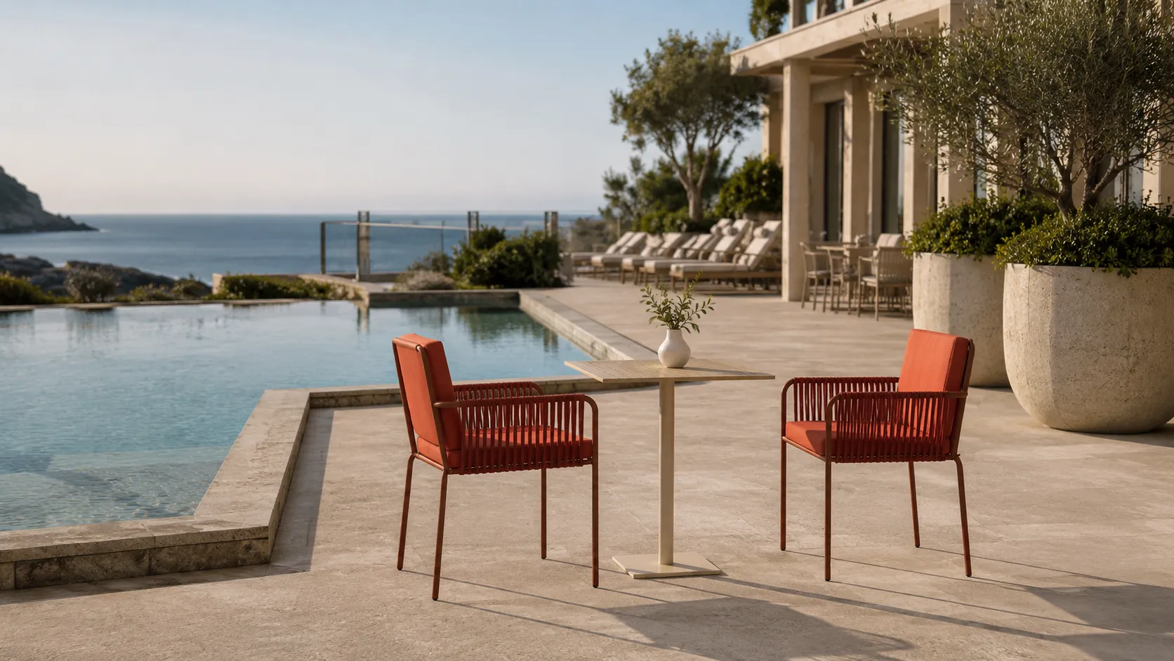 Outdoor Rope Bistro Set with 2 Armchairs, Orange Cushions & Square Café Table for Patio Balcony
