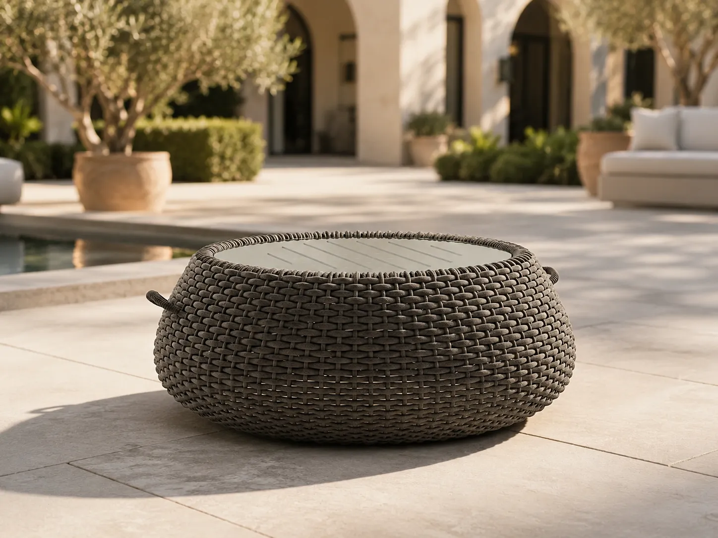 Rope outdoor coffee table used in a hotel courtyard lounge area