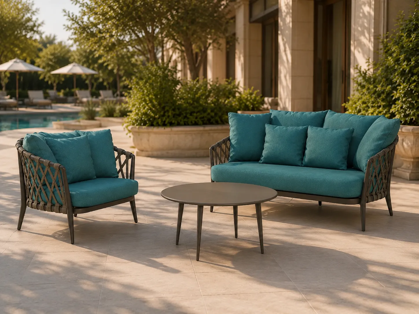 Outdoor rope conversation set with teal cushions for hotel courtyard