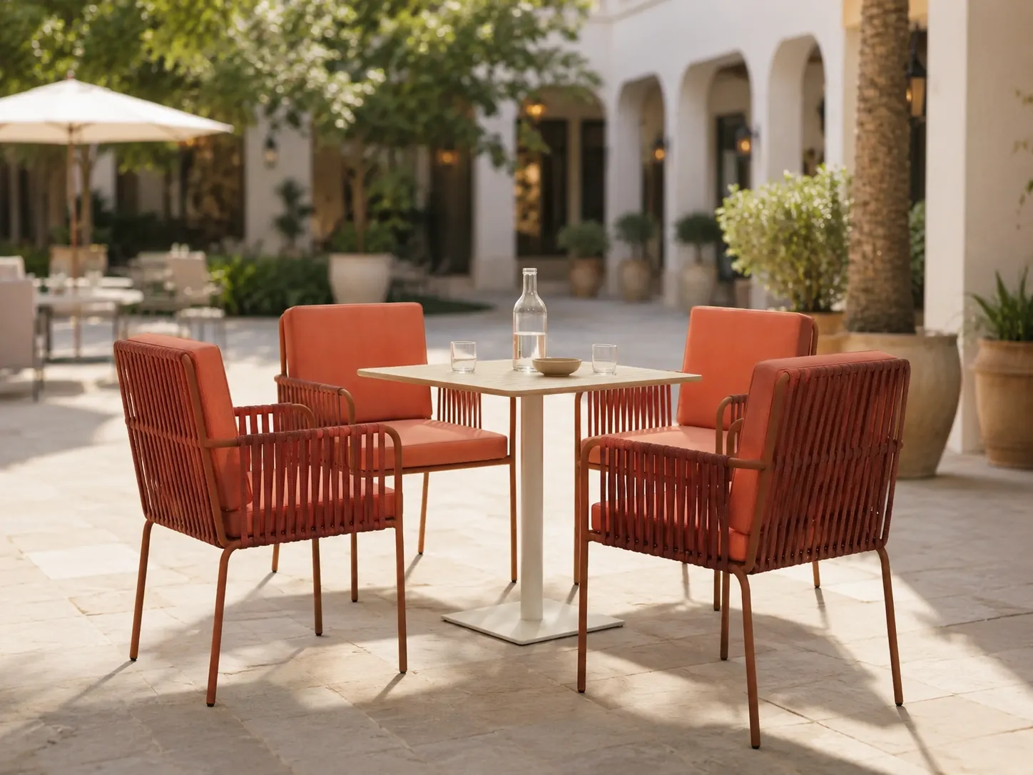 Outdoor rope dining set with terracotta cushions for hotel courtyard