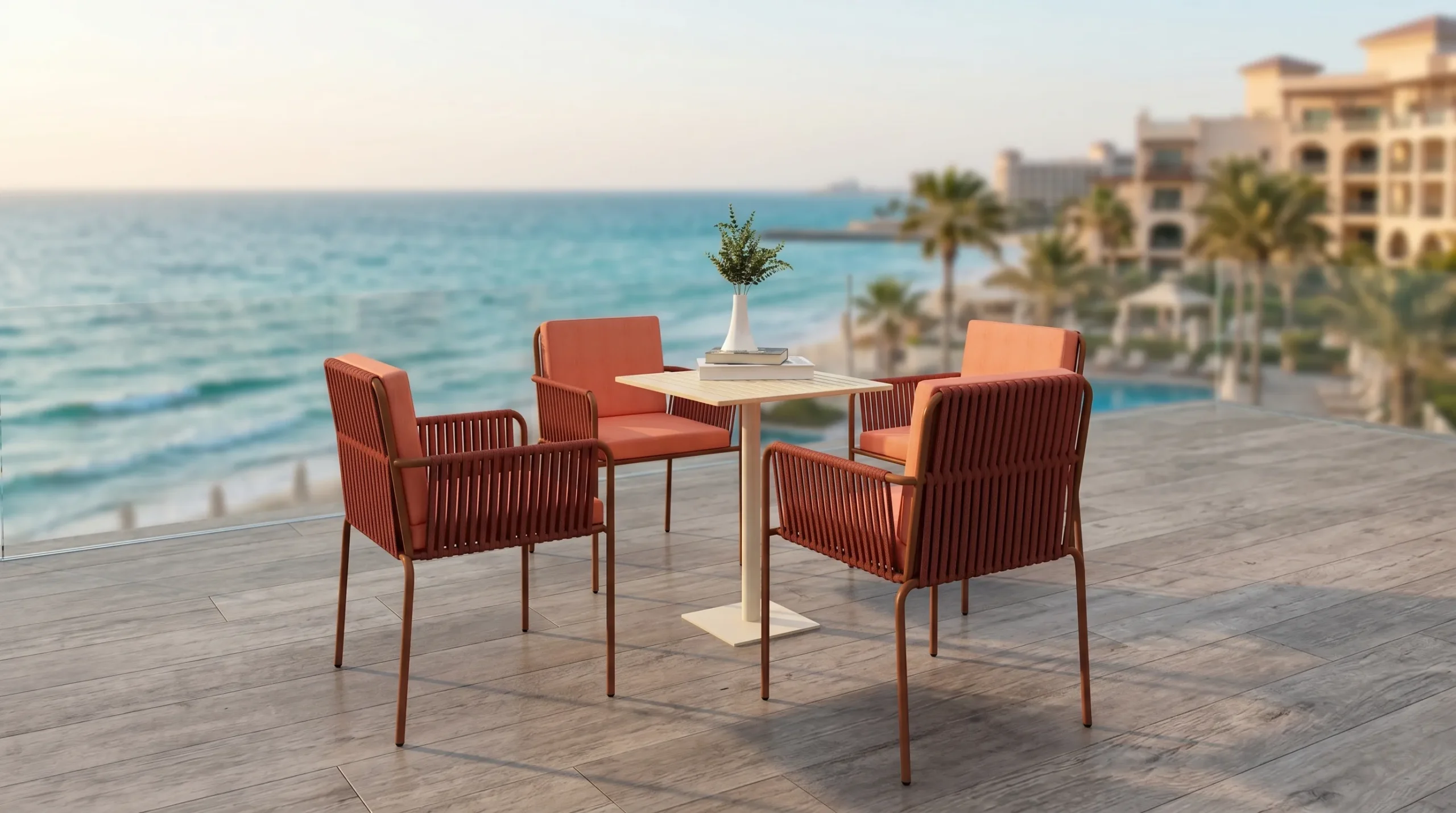 Outdoor Rope Dining Set with 4 Terracotta Cushion Armchairs & Square Patio Table for Café Garden Hotel