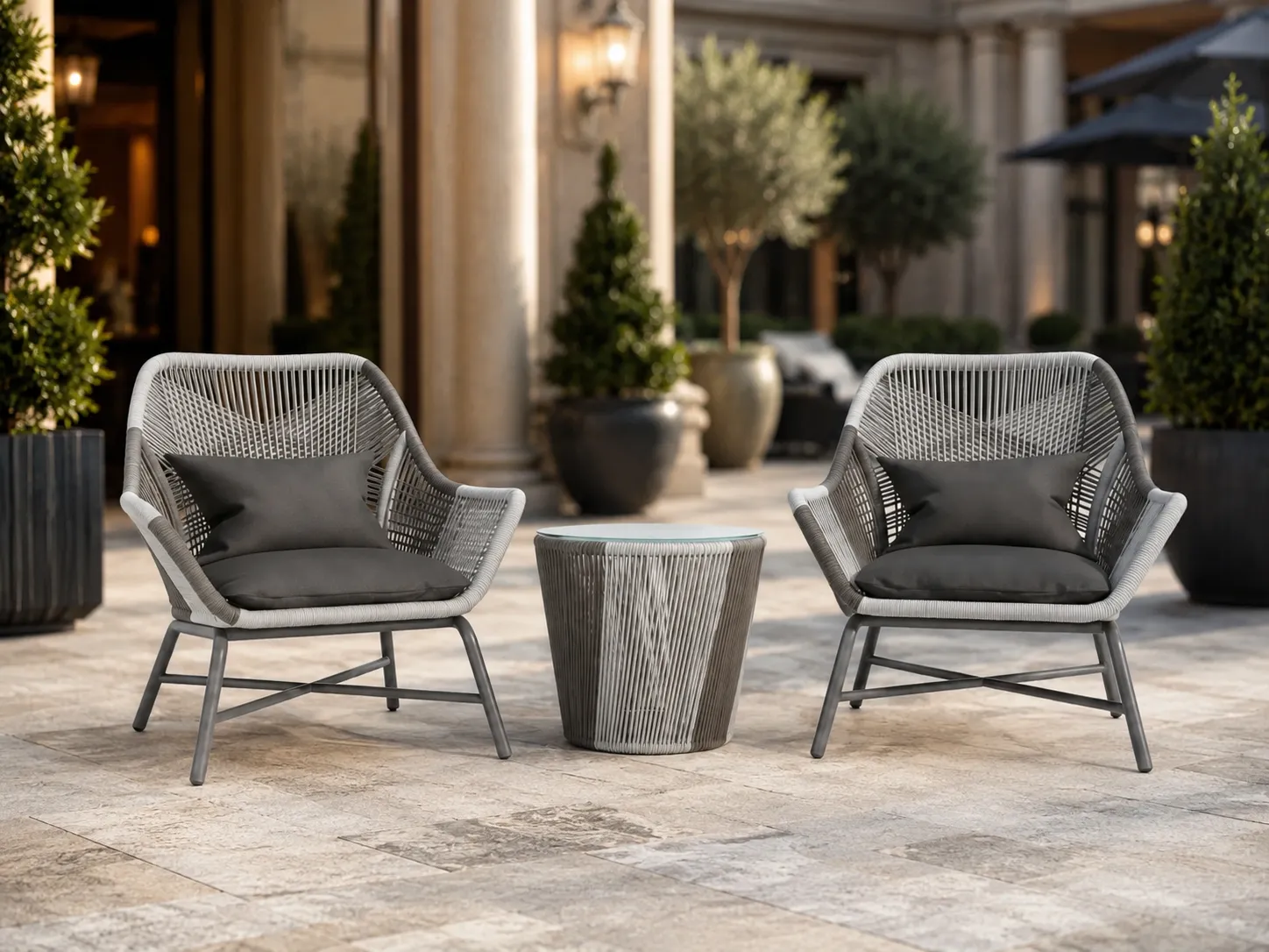 Rope lounge chair set used in a hotel courtyard outdoor seating area