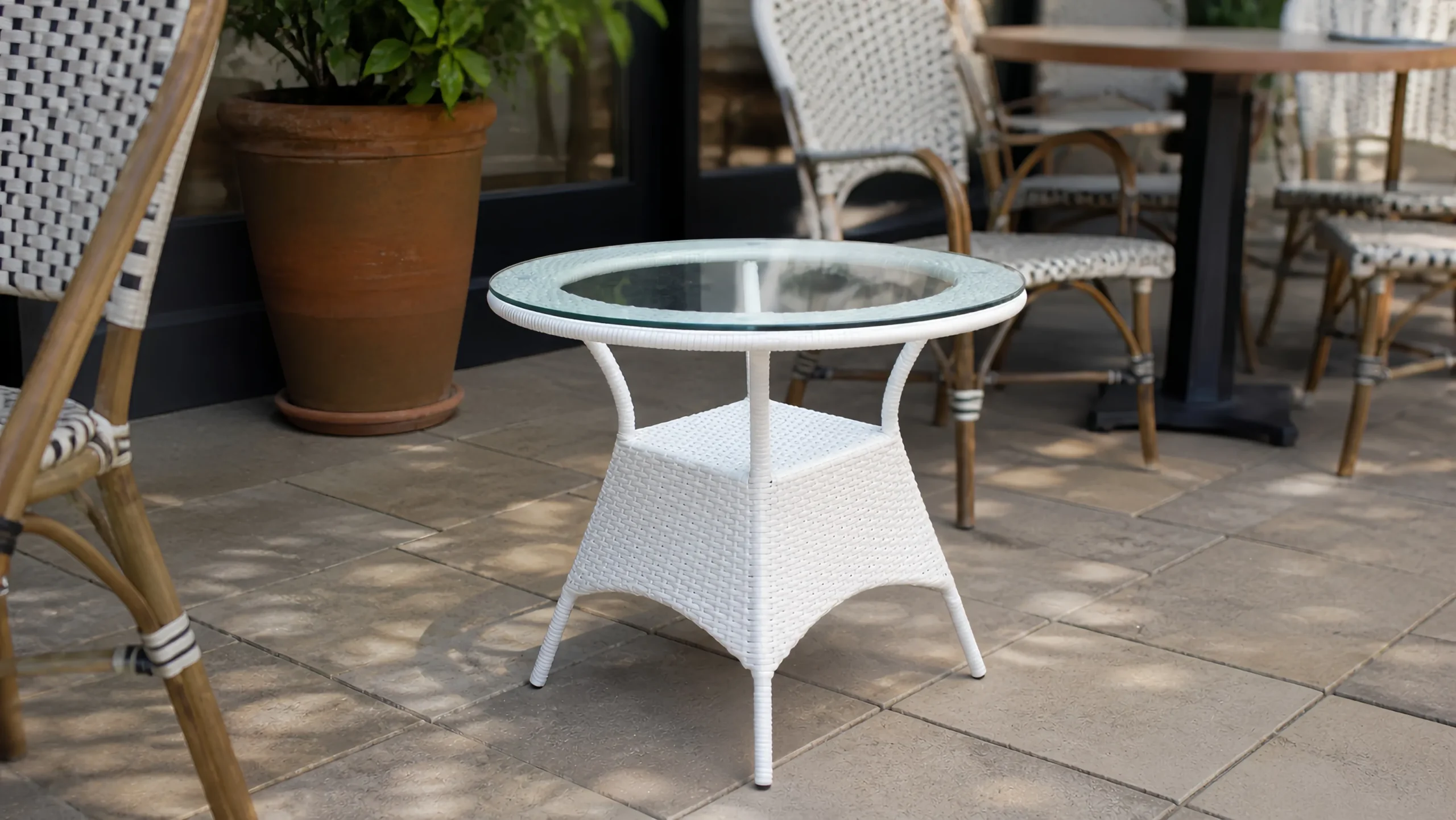 White Wicker Round Glass Table for Patio and Balcony Projects
