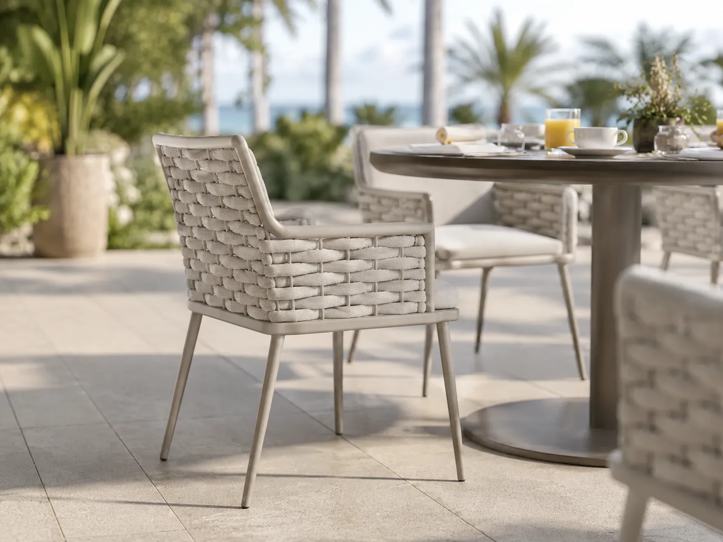 Grey rope dining chair for hotel dining room and hospitality furniture projects