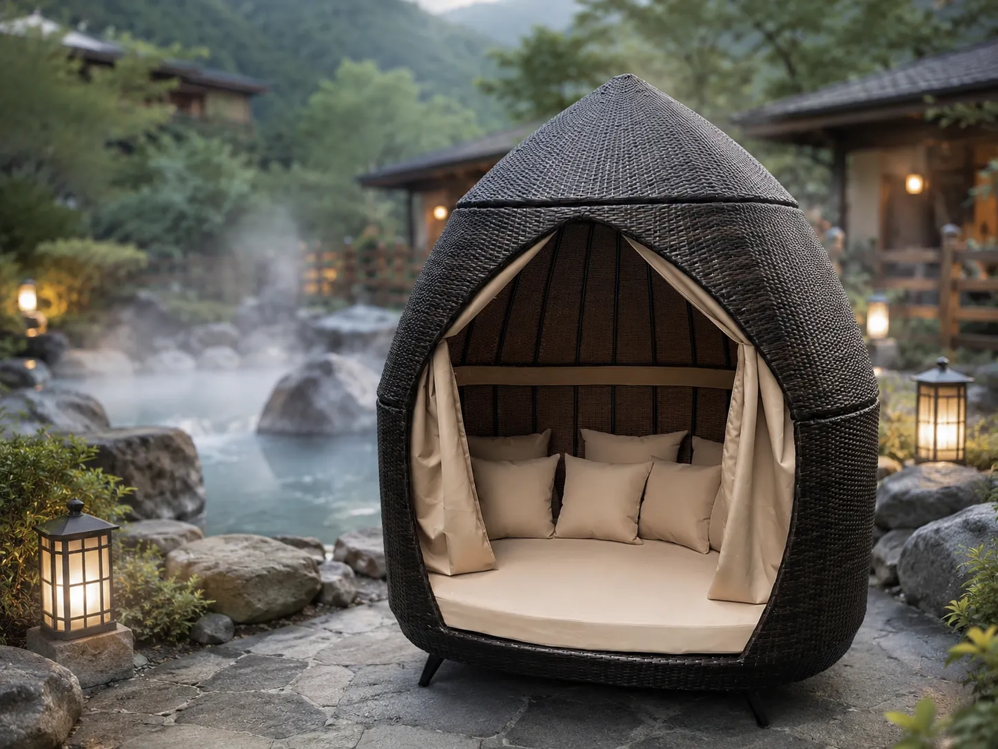Hotel garden PE rattan daybed cabana for outdoor leisure projects