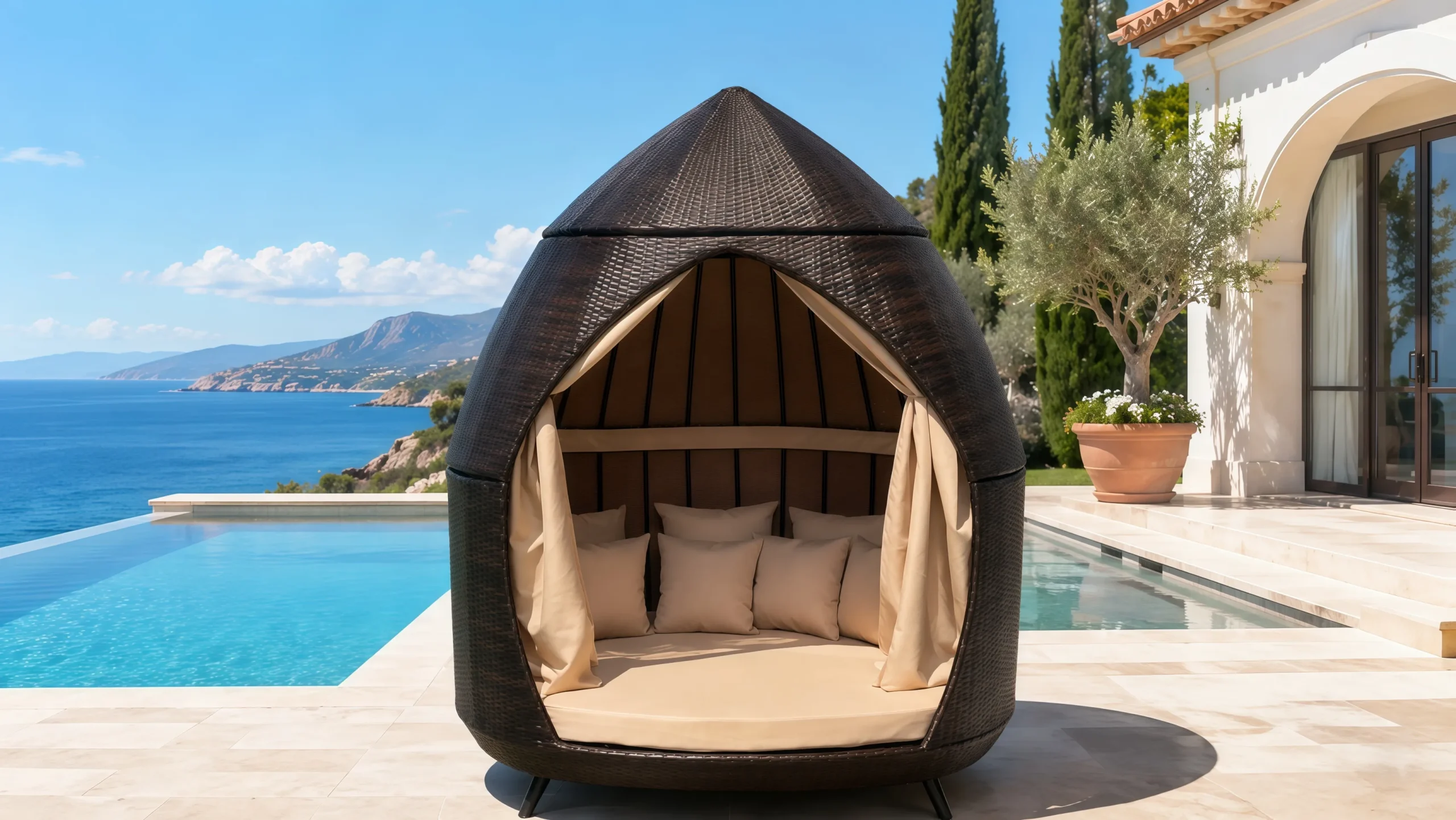 PE Rattan Outdoor Cabana Daybed with Curtains for Resort Poolside Lounge