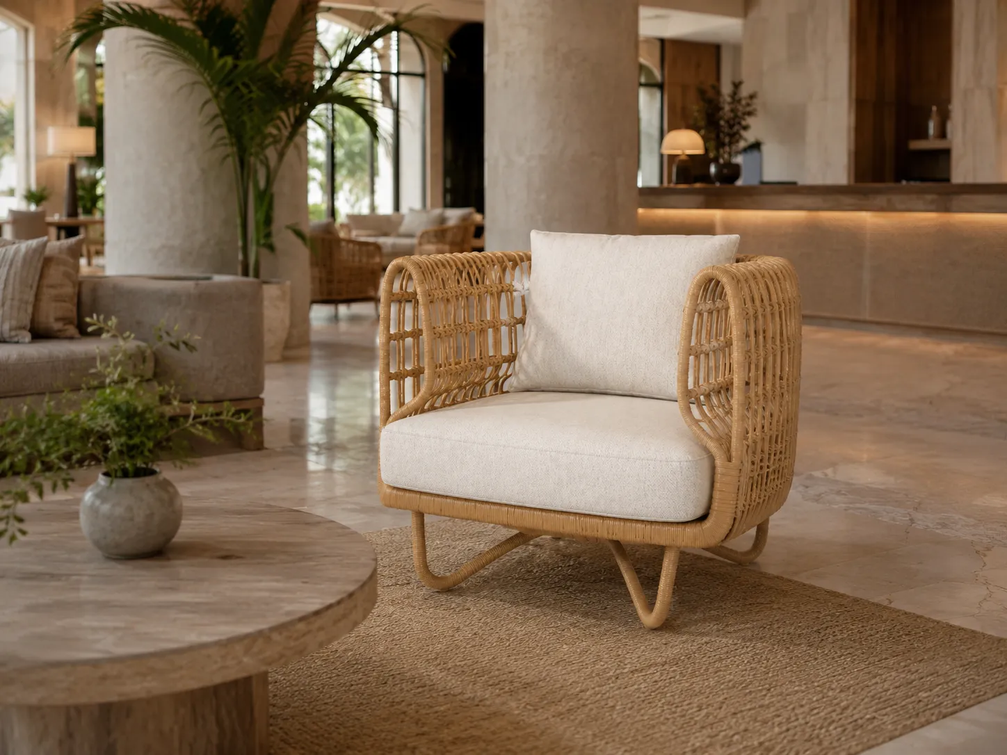 Natural rattan outdoor lounge chair used in a hotel lounge area