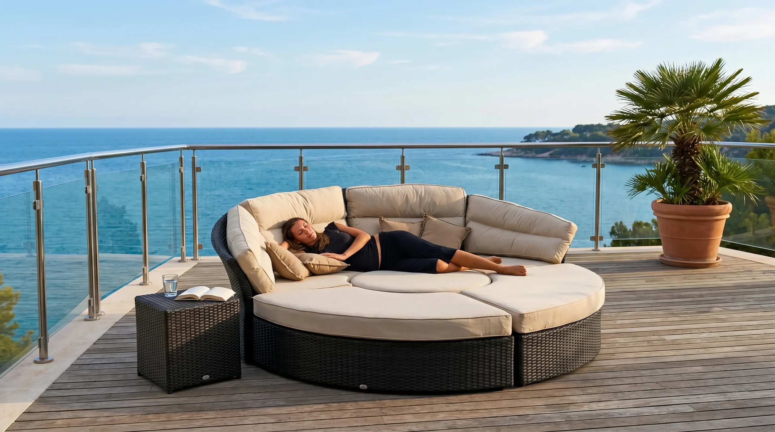 Large Round Wicker Outdoor Daybed with Beige Cushions